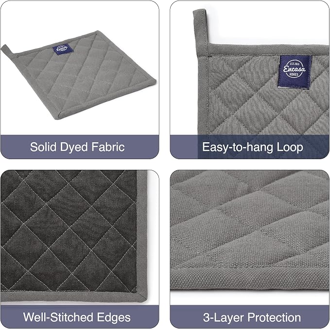 Encasa XO Pot Holders, Quilted Kitchen Hot Pads 8"x8" Grey | 100% Heavyweight Cotton | Quilted Insulation | Multipurpose Trivets & Hot Pads | Hanging Loop | Set of 2