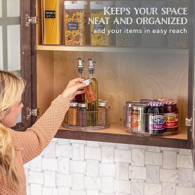 Oizeir Lazy Susan Turntable (2-Pack) - Clear Acrylic, Rotates 360 Degrees, Easily Organize Your Fridge, Cabinet or Counter - Carousel Storage for Food, Spices, Cosmetics | Clear Acrylic, Non-Skid, Raised Edge; Rotating Spice Rack for Kitchen, Pantry, F...