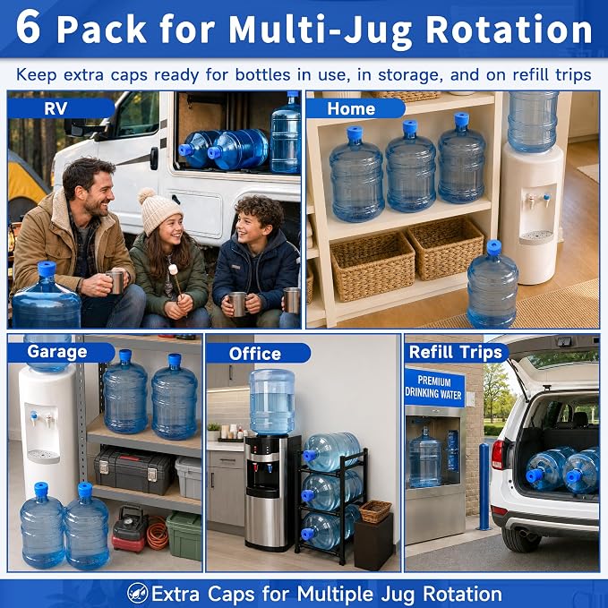 3 & 5 Gallon Water Jug Caps, 6 Pack, Fits 55mm Openings, Non-Spill Lids | 2-5 Gal Bottles, Reusable Silicone Water Bottle Caps, Refill Transport, Water Cooler Use, Bottle Pump Use, Side Pull Tabs