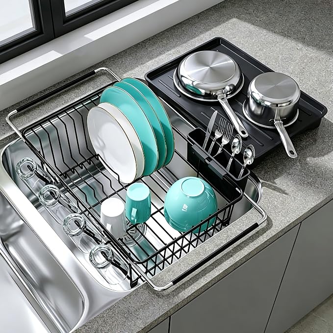 JASIWAY Black Dish Drying Rack in Sink with Drainboard and Utensil Holder | Use Over the Sink or Counter, Stainless Steel Expandable Dish Drainer for Small Kitchen, Space Saving, Fast Drain, Rustproof