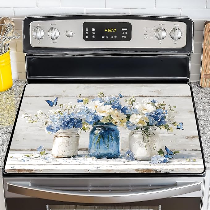 NYZE Stove Top Cover for Electric Stove, 28x20 Inch Stovetop Cover Flat Top Protector Dish Drying Mat for Kitchen (Blue & White Floral)
