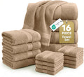 LANE LINEN Towel Set Quick Dry 100% Cotton 16 Piece Soft Absorbent - Taupe | Towels And Washcloths - Ring-Spun Durability, Terry Weave Comfort, Soft & Long-Lasting, Easy-Care
