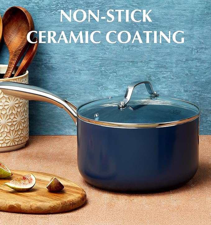 KOCH SYSTEME CS 4 QT Saucepan with Lid, 4 Quart Nonstick Ceramic Sauce pan with Stainless Steel Handle, Non-Toxic Cooking Pot, Induction Pot, Oven Safe, Compatible for All Stove Top, Gradient Blue