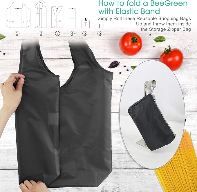 BeeGreen Black Reusable Grocery Bags Wholesale Dark Reusable Kitchen Bags Bulk Foldable-Machine Washable with Zipper Storage Pouch 50 Packs