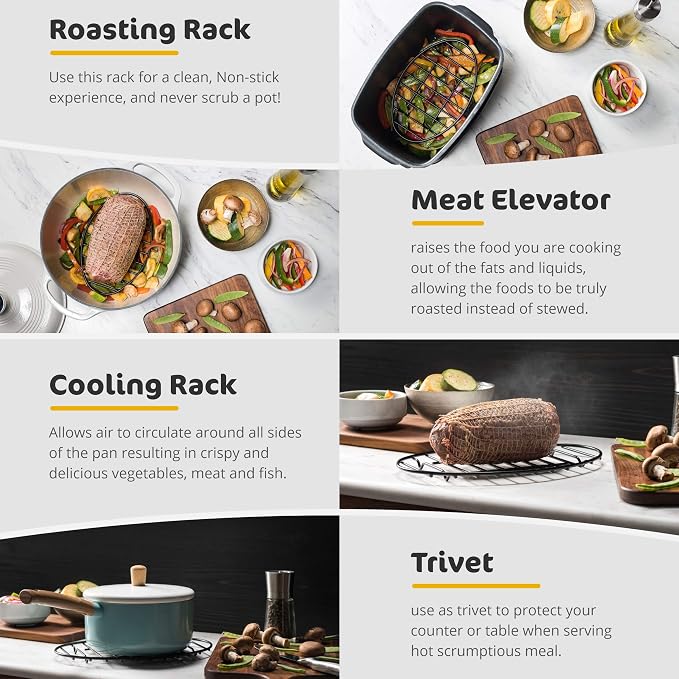 Black Oval Roasting Rack with Integrated Feet | Stainless Steel Kitchen Rack With Non-Stick Coating, PTFE Free | Oven and Dishwasher Safe | Ideal for Cooking, Roasting, Drying, Grilling