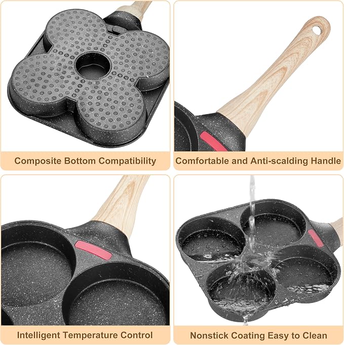 MyLifeUNIT Egg Frying Pan, 4-Cup Egg Pan Nonstick, Fried Egg Pan Skillet for Breakfast, Pancake, Hamburger, Sandwiches, Suitable for Gas Stove & Induction Cookware