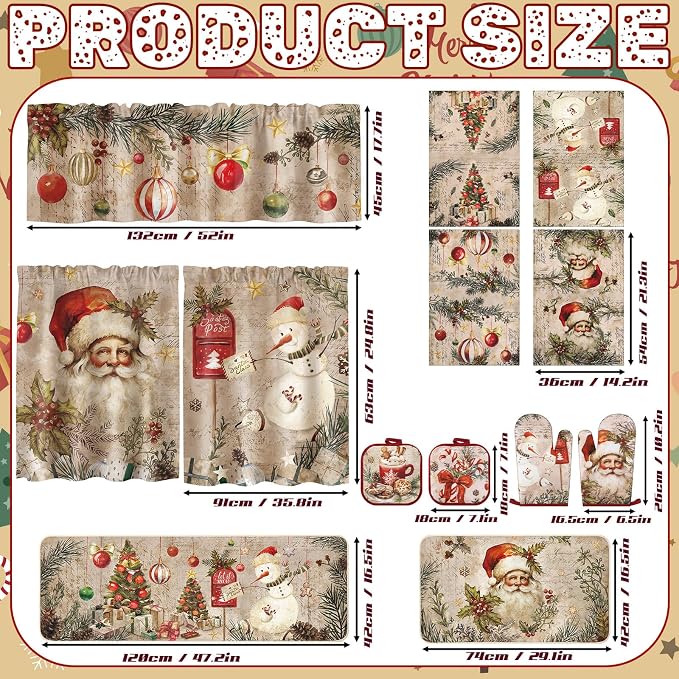 13 Pcs Christmas Kitchen Sets with Santa Snowman Kitchen Towels Christmas Tree Nonslip Mats Curtains Valance Pot Holders Oven Mitts for Xmas Home Decoration Cooking Baking Gift