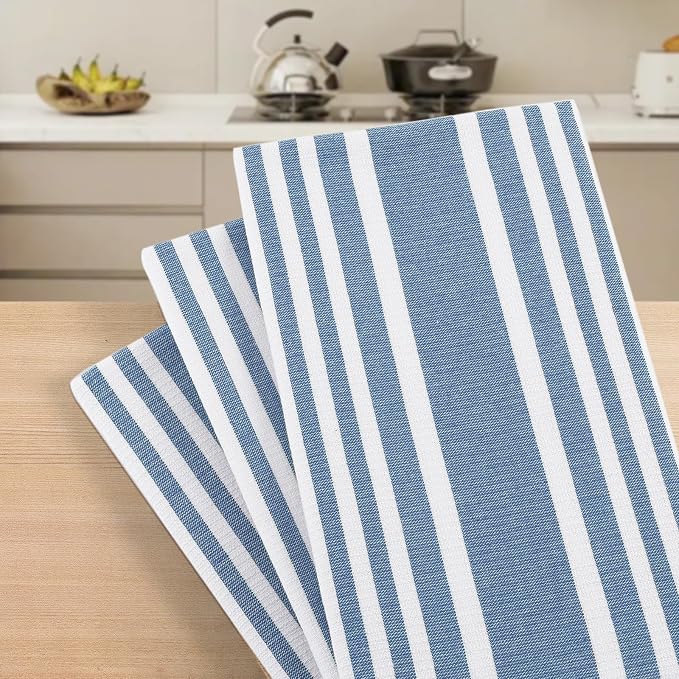 Homaxy Premium Cotton Stripe Kitchen Towels 8 Pack, 18"x 28", Navy Blue | Large 380 GSM Kitchen Hand Towels, Soft Terry Dish Towels, Highly Absorbent Tea Towel Set with Hanging Loop
