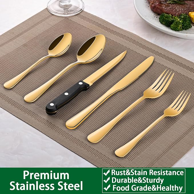 24-Piece Gold Silverware Set with Steak Knives,Golden Flatware Sets Service For 4 Person For Home,Party,Restaurant,Durable Cutlery Sets,Includes Knife Spoon and Forks Sets