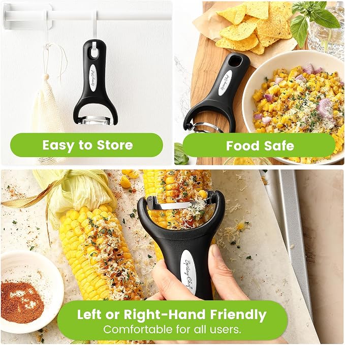 Spring Chef Stainless Steel Corn Peeler, Corn on the Cob Stripper Tool, 2Pk | Durable Corn Kernel Remover Tool with Ergonomic Handle – Easy to Use Kernel Cutter - Dishwasher Safe Corn Cutter, Black