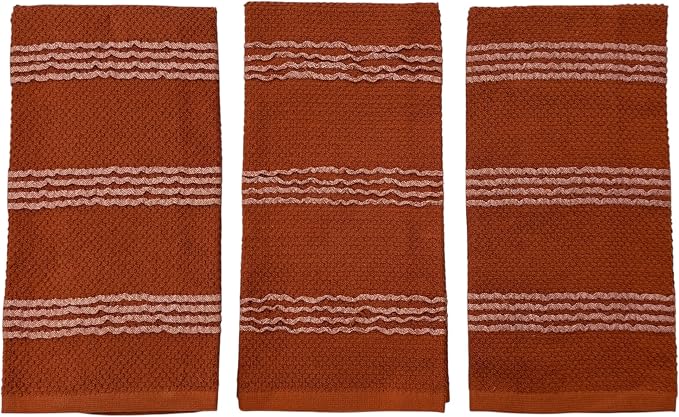 Terracotta Orange Rust Kitchen Dish Towels, 3 PC, 100% Cotton, 18" x 28" | Modern Farmhouse Textured Stripe Weave, Oversized Dish Cloth, Soft & Absorbent, Quick Dry, Multipurpose Everyday Use