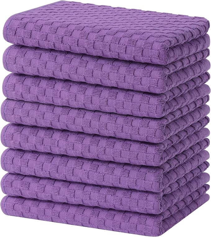 Homaxy 100% Cotton Terry Kitchen Towels(15" x 25", 8 Pack), Purple | Soft and Super Absorbent Dish Towels, 380 GSM Reusable Tea Towel with Hanging Loop, Pineapple Grid Designed