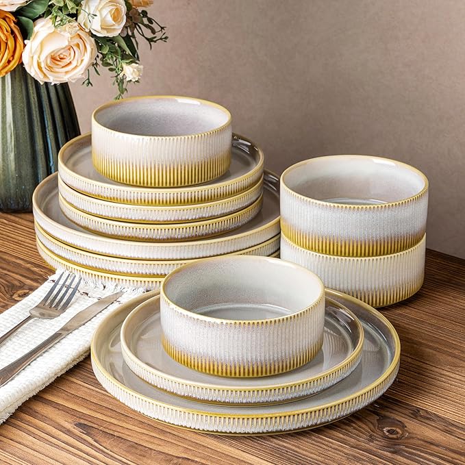 Ceramic Dinnerware Set for 4, 12-Piece Plates and Bowls Set | Lightweight Porcelain Dish Set, Scratch Resistant, Oven & Microwave & Dishwasher Safe, Autumn Haze