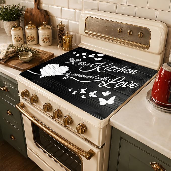 Black and White Kitchen Quote Stove Top Cover 28.3 x 20.5 Inch, Heart Butterfly Glass Cooktop Protector Mat, Electric Range Cover for Kitchen Counter Decor (Black wooden planks)