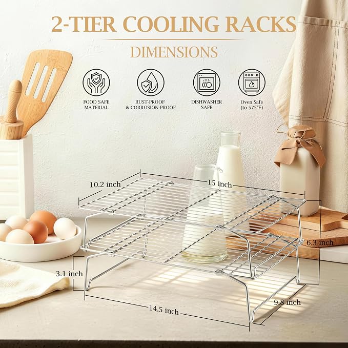 LIANYU Cooling Rack 15"x10" Set of 2, Stackable & Collapsible Cooling Racks | Stainless Steel Wire Baking Racks Fits Jelly Roll Pan, Great for Cooking, Baking, Roasting, Grilling, Oven & Dishwasher Safe
