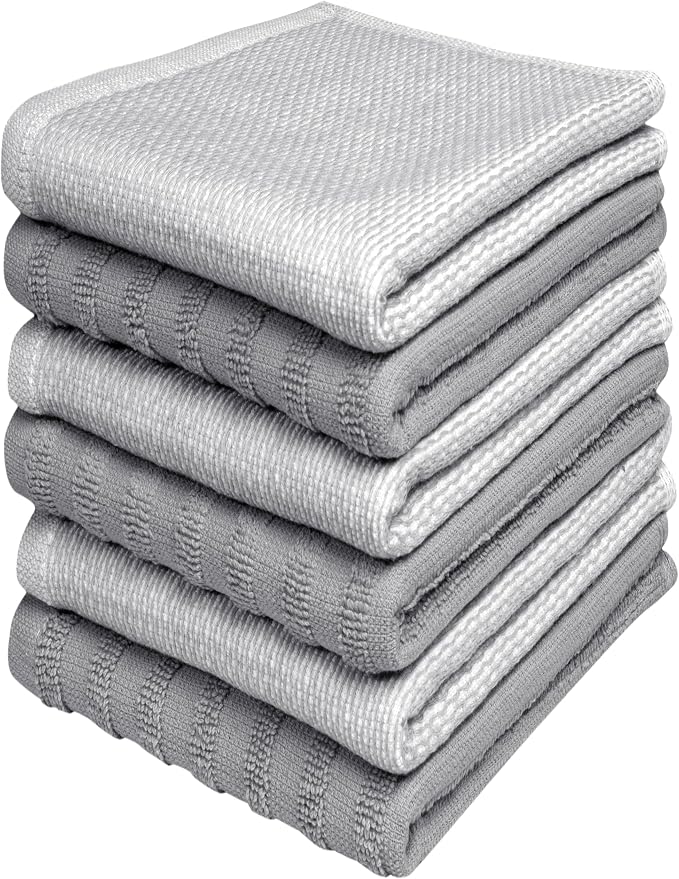 Bumble Premium Dish Cloths 13"x13" (6 Pack) | 100% Natural Ring Spun Cotton | 400 GSM | Highly Absorbent & Soft |Yarn Dyed & Solid Dyed Terry Dish Cloth Set - Grey
