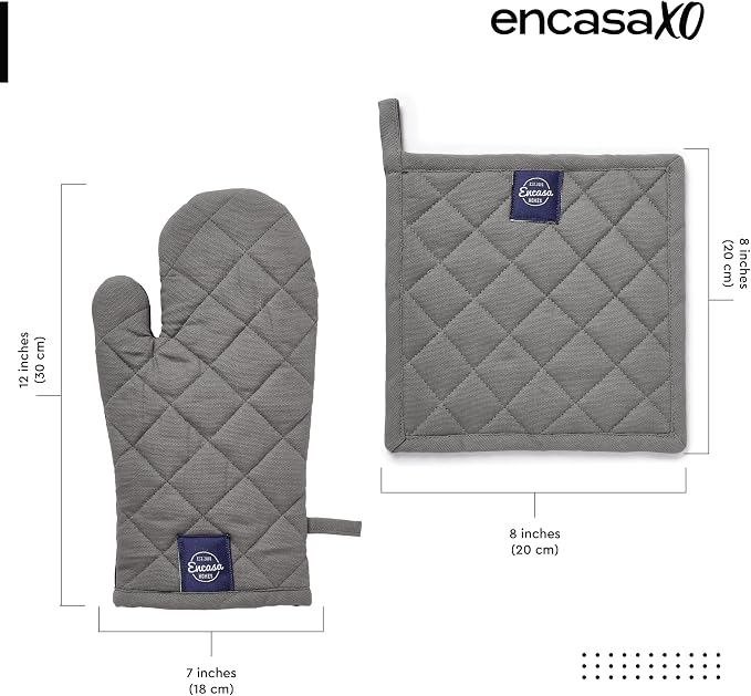 Encasa XO Oven Mitts and Pot Holders Set, Heat Resistant Cotton | Grey, Diamond Quilted | Non-Slip Grip | Microwave & Oven Safe | Hanging Loop | Machine Washable | Set of 2