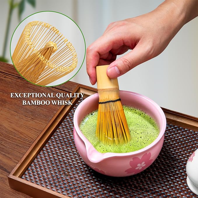 YIBO Matcha Whisk Set, Matcha Making Kit Bamboo Whisk (Chasen), White Ceramic Whisk Holder Stand, Sifter, Scoop Japanese Tea Tools For Ceremony Gift