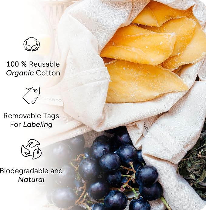 Organic Cotton Reusable Produce Bags - Small 5x7 (12 Pack) - Biodegradable Eco-Friendly Bulk Bin Sacks for Food - Cloth Bags with Drawstrings - Linen Pouch for Fruit, Vegetable Storage