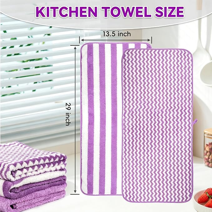 Microfiber Cleaning Cloths, 6 Pack Purple Kitchen Towels | 13.5x29 Inch, Ultra Soft Super Absorbent, Lint Free Dish Towels with Hanging Loop, Reusable for Household Cleaning