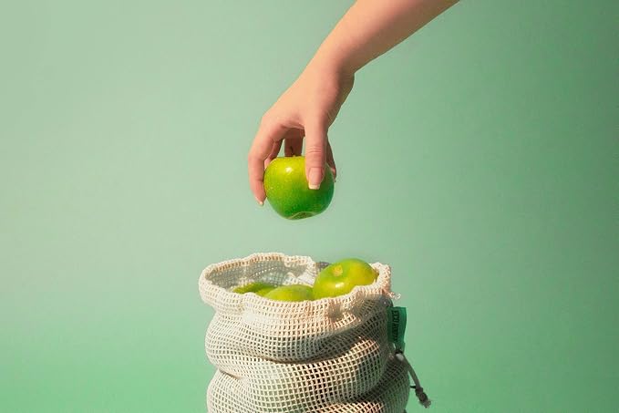 ECO ROOTS Reusable Produce Bags, Washable Cotton Mesh Produce Bags, 9 Pack | Nine organic cotton bags: six mesh and three bulk bags in three sizes, with tare-weight tags and drawstring closures