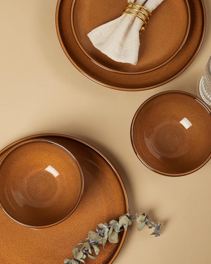 Santorini Mist Terracotta Reactive Glaze Plates and Bowls Sets, Stoneware Dinnerware Sets, Microwave and Dishwasher Safe Ceramic Dish Set Service for 4, Caramel Brown