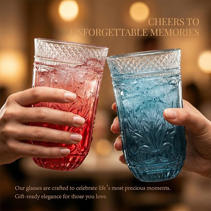 13 OZ 6 Pack Vintage Drinking Glasses Set, Colorful Textured Glass Water Tumblers Cups -Embossed Striped Glassware for Water, Cocktails, Juice, Iced Coffee, Beer(Sweet flag style)