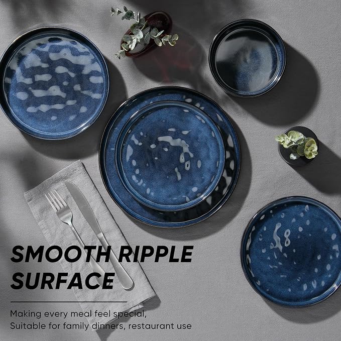 E-far Stoneware Dinnerware Set, 16-Piece Plates and Bowls Sets for 4 | Modern Dishes for Kitchen Dining, Reactive Glazing Ripple Design, Chip Resistant, Microwave & Dishwasher Safe, Starry Blue