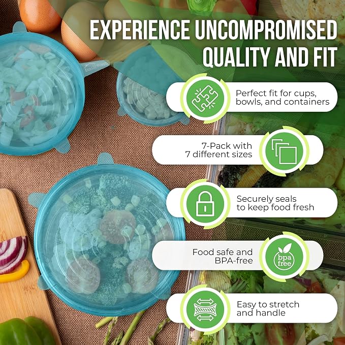 Reusable Silicone Stretch Lids for Food Storage in Fridge - Elastic Heat-Resistant Bowl Covers, Cups, Cans, Jars - Universal Food Grade Lid for Containers - 7 Pack - Blue Mist Stretchy Lid Set