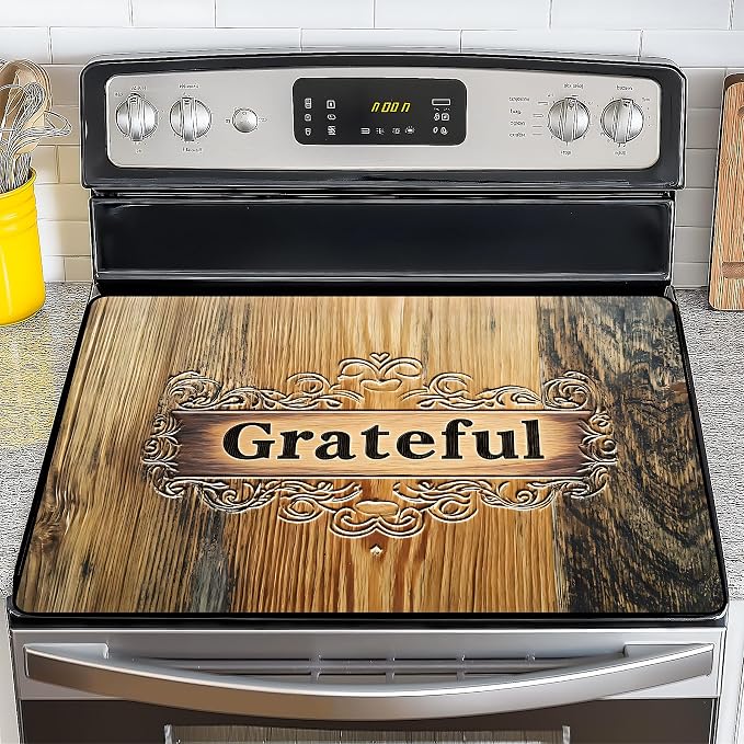 NYZE Electric Stove Top Cover, Cooktop Protector for Extra Counter Space, Heat Resistant & Non-Slip Kitchen Mat - Rustic Wood Grateful, 28" x 20"