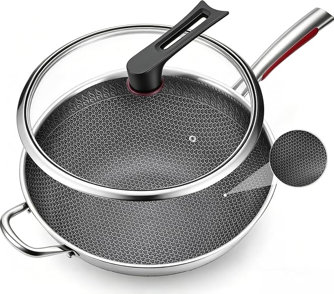12.6-Inch Stainless Steel Wok Pan with Glass Lid - Tri-Ply Nonstick Wok & Stir-Fry Pan, PFOA Free Uncoated Cookware for All Cooktops, Induction Compatible, Flat Bottom