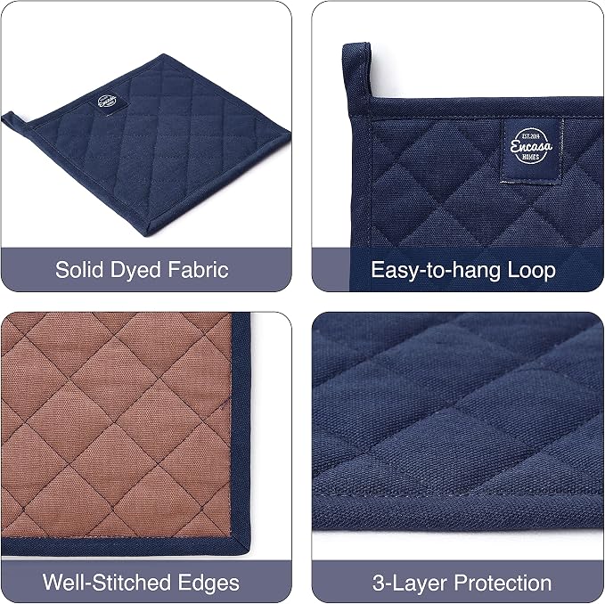 Encasa XO Pot Holders, Quilted Kitchen Hot Pads 8"x8" Scotch Blue | 100% Heavyweight Cotton | Quilted Insulation | Multipurpose Trivets & Hot Pads | Hanging Loop | Set of 2
