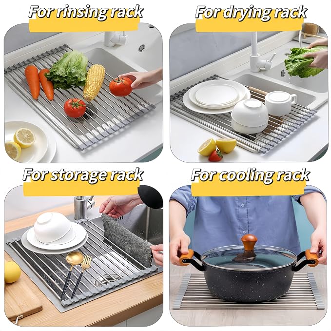 Roll Up Dish Drying Rack, 21.3" x 15.8" Over The Sink Dish Drying Rack, Dish Drying Rack for Kitchen Sink Counter Storage (Grey)