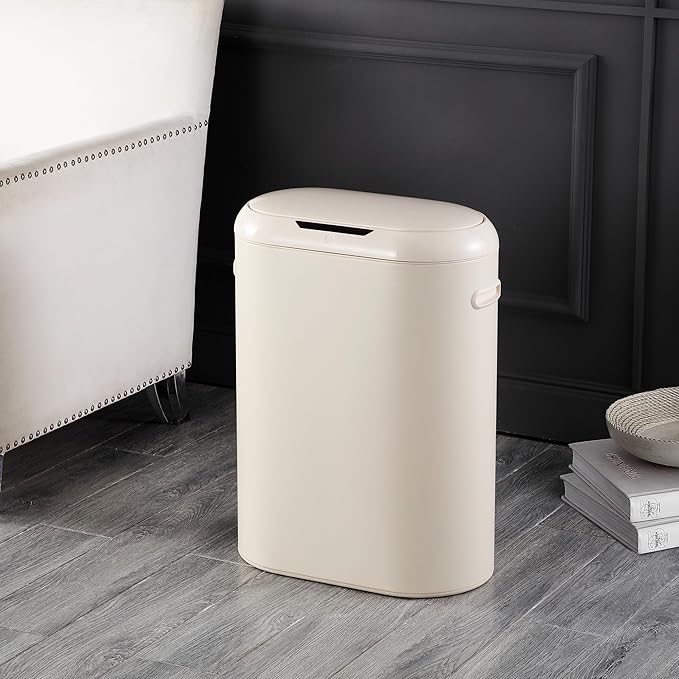 happimess 13.2 Gal Oval Motion Sensor Trash Can, Limestone Beige | Oval, Motion Sensor, Touch Mode, Soft Close Lid, Powder Coated Iron, 17.7" W x 9.84" D x 24.2" H