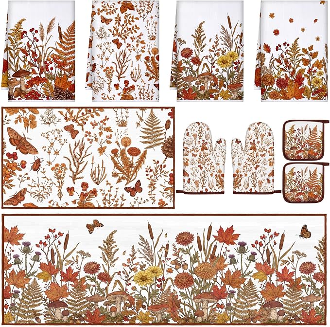 Fourluoo 10 Pcs Fall Floral Kitchen Decor Set Towels Rugs Oven Mitts and Pot Holders Autumn Kitchen Accessories Set for Cooking Baking Grilling Housewarming Gift