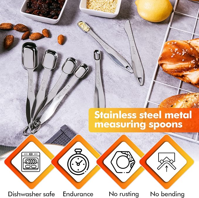 Heavy Duty Measuring Spoons Set Stainless Steel, Metal Measuring Cups and Spoons Set for Dry or Liquid, Fits in Spice Jar, Home Gadgets Kitchen Gadgets, Set of 7 Including Leveler