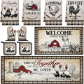 Fourluoo 10 Pcs Barn Chicken Kitchen Dish Towels Rugs Oven Mitts and Pot Holders Set Farmhouse Kitchen Decor Set for Women Mom Daughter Gift Cooking Baking Grilling (Retro Color)
