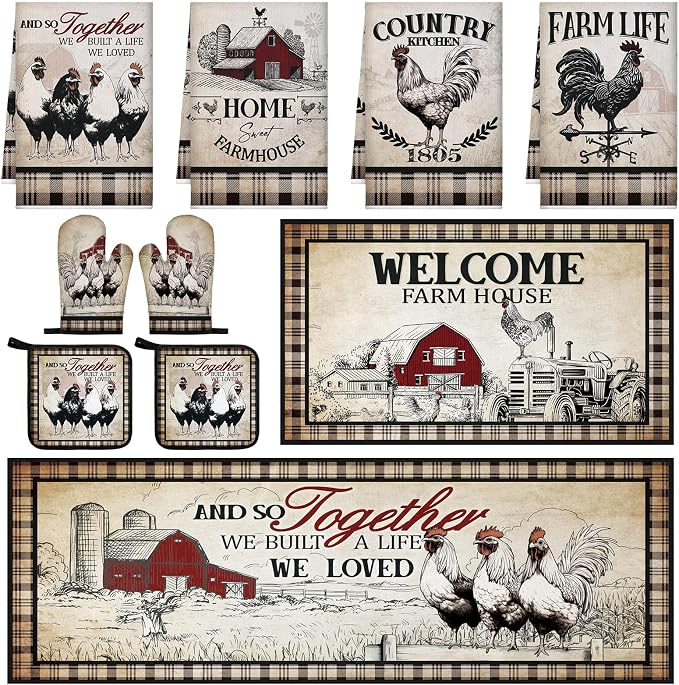 Fourluoo 10 Pcs Barn Chicken Kitchen Dish Towels Rugs Oven Mitts and Pot Holders Set Farmhouse Kitchen Decor Set for Women Mom Daughter Gift Cooking Baking Grilling (Retro Color)
