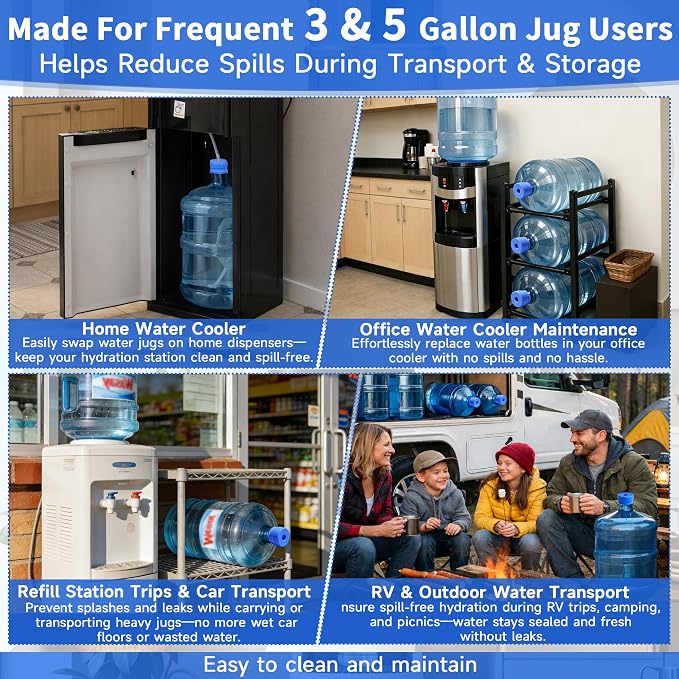 5 Gallon Water Jug Caps, 3 Pack, Fits 55mm Openings, Non-Spill Lids | 2-5 Gal Bottles, Reusable Silicone Water Bottle Caps, Refill Transport, Water Cooler Use, Bottle Pump Use, Side Pull Tabs