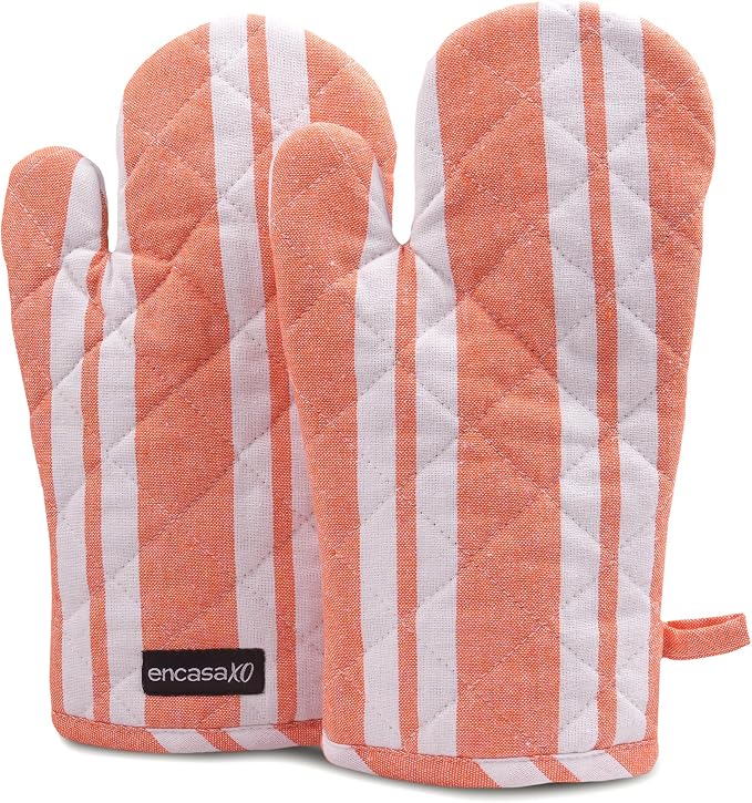Encasa XO Oven Mitts, Heat Resistant Kitchen Gloves, Microwave | Franca Orange Stripes, 100% Cotton | Diamond Quilted Insulation | Pot Holders | Hanging Loop | Barbecue & Grill | Set of 2