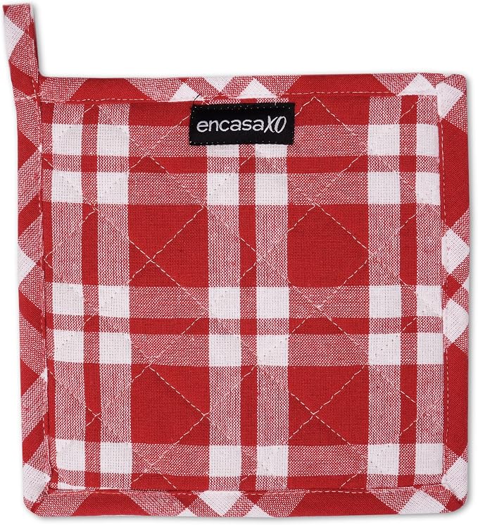Encasa XO Pot Holders, Quilted Kitchen Hot Pads 8"x8" | Franca Red Checks, 100% Cotton Fabric | Thick Cotton Padding | Heat Resistant | Durable & Washable | Hanging Loop | Set of 2