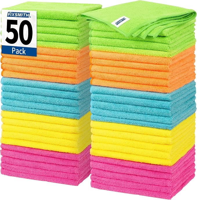 Microfiber Cleaning Cloth, 50 Pack Cleaning Rags, Cleaning Towels for Housekeeping, Kitchen, Car, Lint-Free, Reusable Shop Towels with 5 Colors (Green/Blue/Yellow/Orange/Pink), 12"X12"