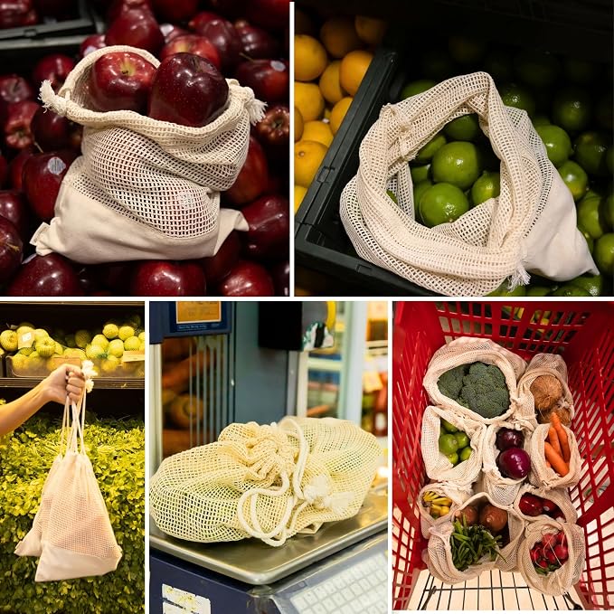 Reusable Produce Bags – 100% Cotton Mesh & Solid Hybrid (Large 12x15 inch 6 Pcs) – Storage Bags for Vegetables, Toys, Clothes, Travel Packing – Washable, Plastic-Free, Breathable, Zero Waste
