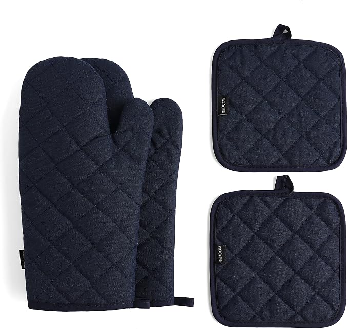 Oven Mitts and Pot Holders 4 pcs Set,High Heat Resistant 500 Degree Extra Thicken Long Kitchen Cotton Oven Glove for Cooking (12 Inch,Deep Blue)