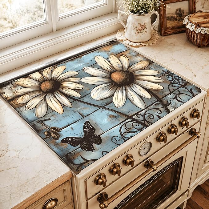 Daisy Stove Cover 28.3 x 20.5 Inches, Farmhouse Stove Top Protector, Heat Resistant Non Slip Glass Electric Stove Cover Board, Rustic Floral Kitchen Decor Mat (White sunflower)