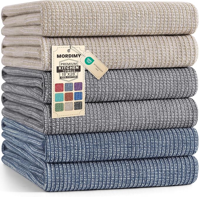 Mordimy Premium Large Cotton Kitchen Towels (18"x 28", 6 Pack), Multicolor | 100% Ring Spun Cotton, Super Absorbent, 380 GSM, Flat & Terry, Soft, Hanging Loop Dish Towels