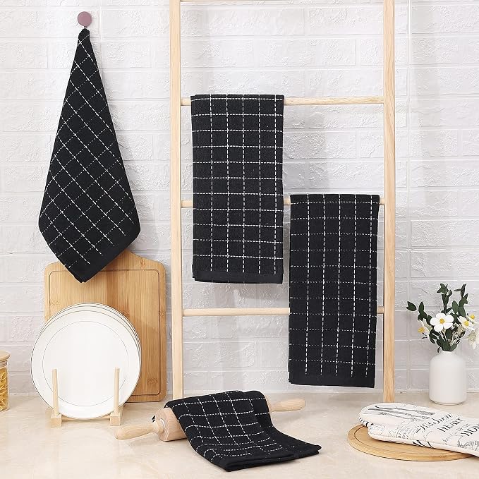 Homaxy 100% Cotton Terry Kitchen Towels, 4 Pack, Black | Ultra Soft and Absorbent Dish Towels for Kitchen, Suitable for Drying and Washing Dishes
