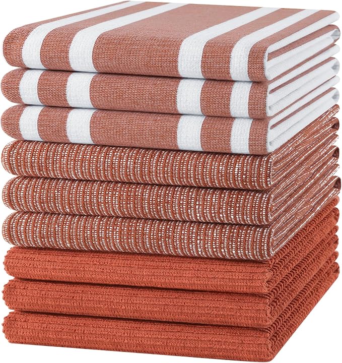 Homaxy Cotton 380 GSM Premium Kitchen Towels, 18"x 28", 9 Pack, Rust | Soft and Absorbent Terry Dish Towels, Multipurpose Tea Towel Set with Hanging Loop, 3 Styles Kitchen Hand Towels