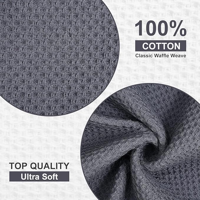 Kitinjoy 100% Cotton Waffle 4-Pack Kitchen Towels, 20" x 28", Dark Grey | Super Soft, Ultra-Absorbent, Fast Drying, lightweight, Quick Drying Kitchen Hand Towels