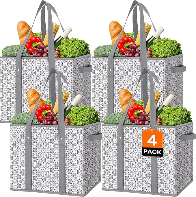 Reusable Grocery Bags 4 Pack, Foldable & Water Resistant Shopping Bags | Large Grocery Tote Bag Water Resistant Shopping Bags Foldable Grocery Bag for Clothes,Shoes and Picnic